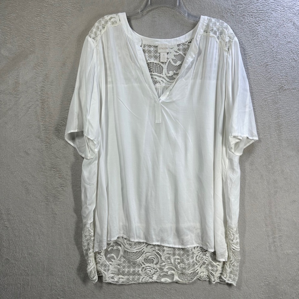 Chico's Lace Trim Blouse Women Sz 2XL (4) White Boho Split Neck Short Sleeve Top